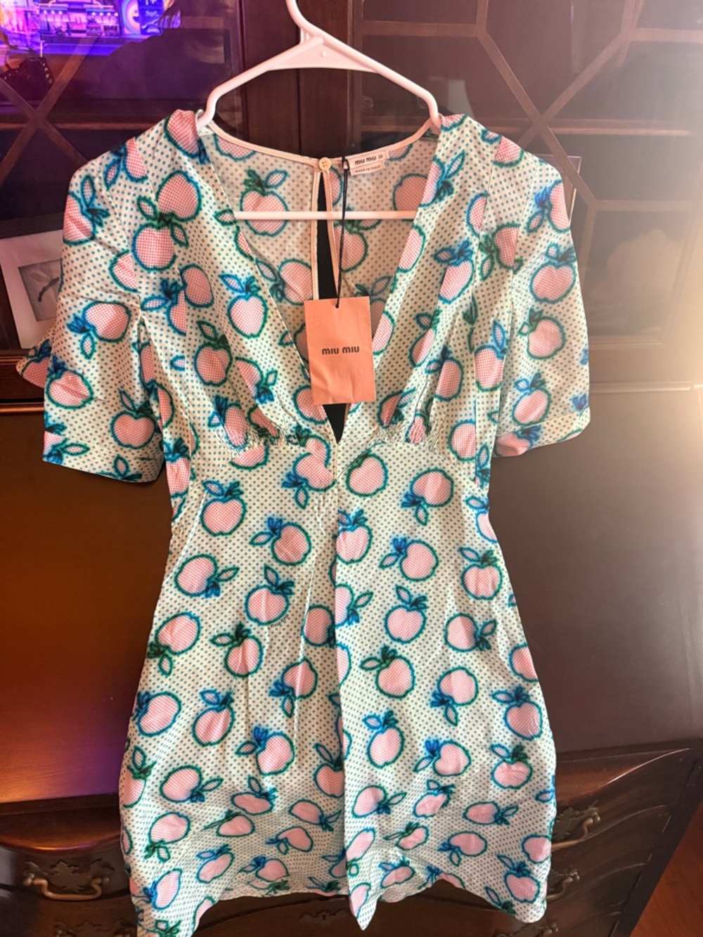 Miu Miu Pastel Peach Print Short Dress in Aqua and Pink